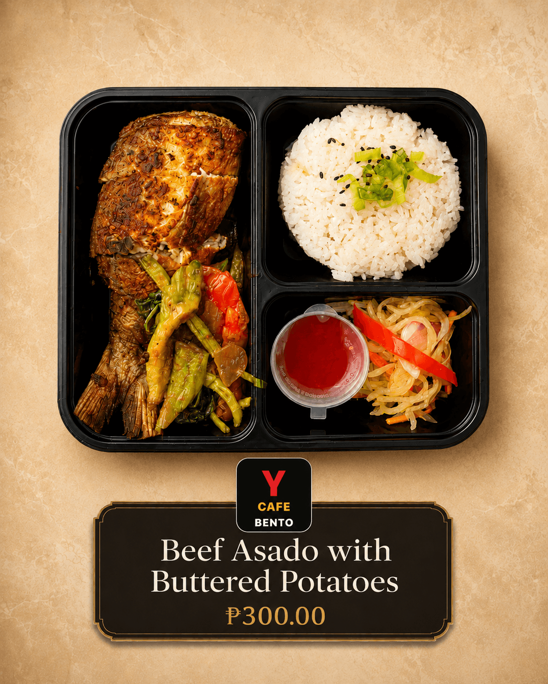 Beef Asado with Buttered Potato Marble in Y Cafe Bento packaging