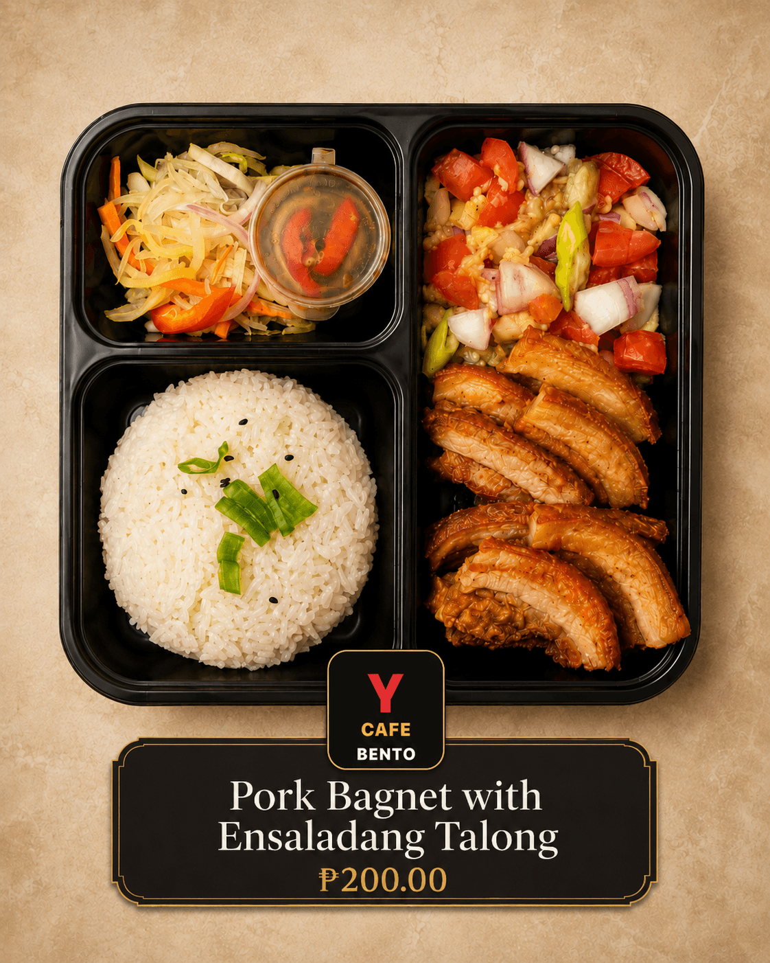 Pork Bagnet with Ensaladang Talong in Y Cafe Bento packaging