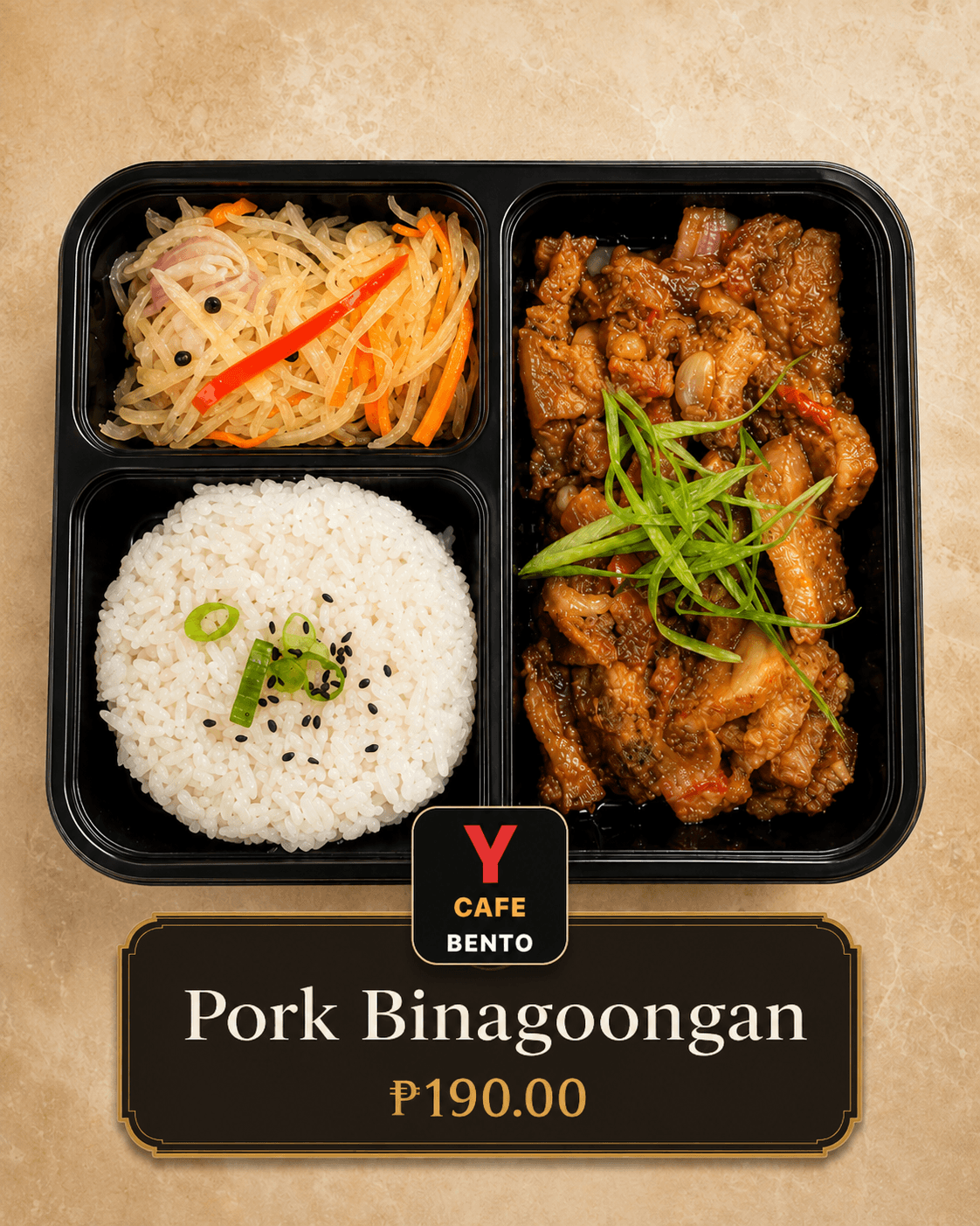 Pork Binagoongan in Y Cafe Bento packaging