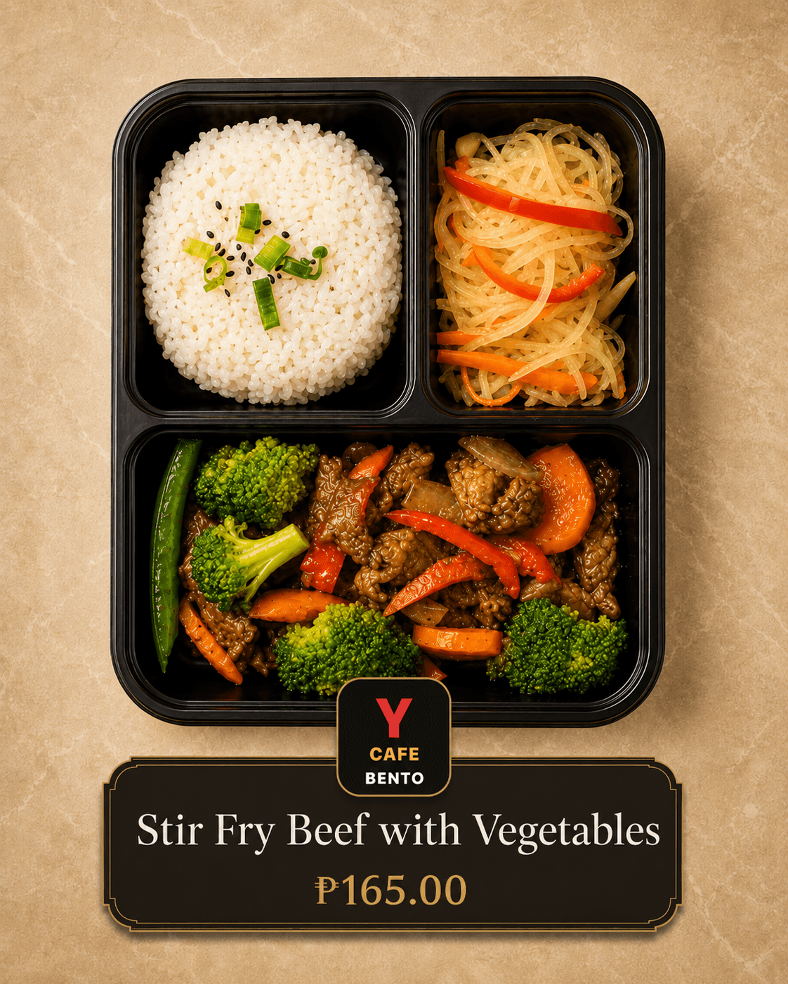 Stir Fry Beef with Vegetables in Y Cafe Bento packaging